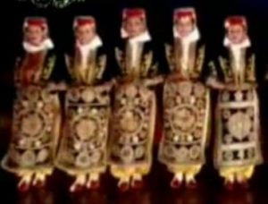 Turkish girls from Sivas in a national dance ("Sivas'in Yollarinda") Compare with the costumes of the Sardinian girls above. Note the ancient SUN symbols on their aprons and the RED-HEAD (AL BAS) symbolized with a red (AL) diadem.